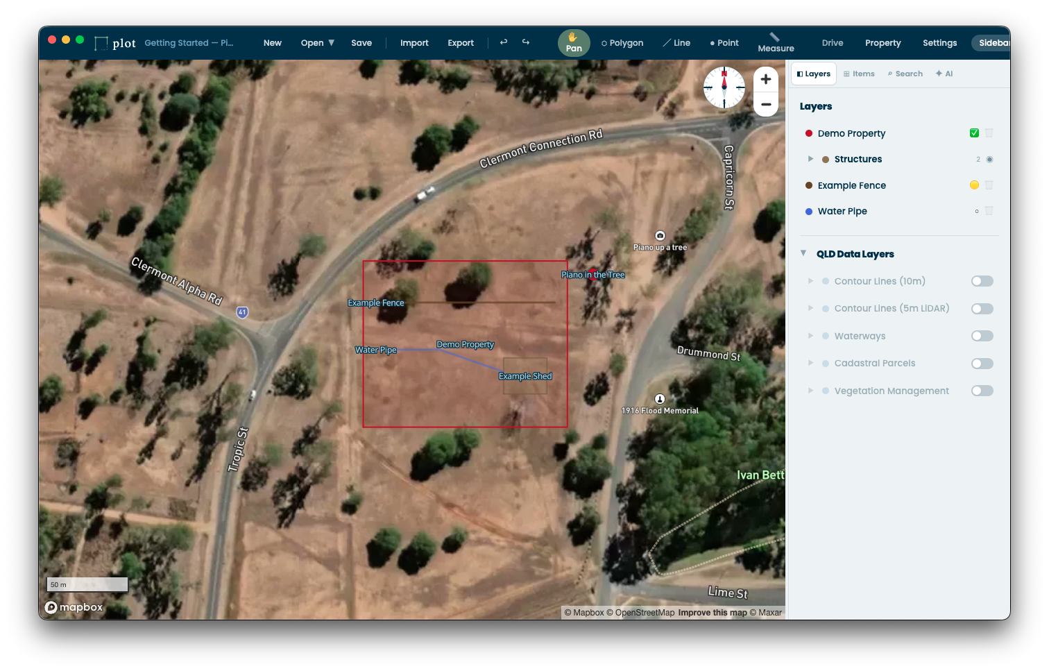 plot application showing property infrastructure planning on satellite imagery